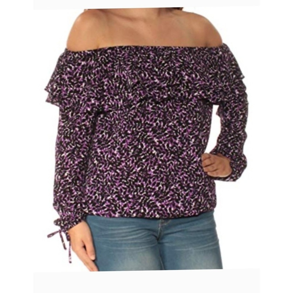 Michael Kors Off Shoulder Ruffle Leopard Print Purple Black Blouse Top Shirt‎ S